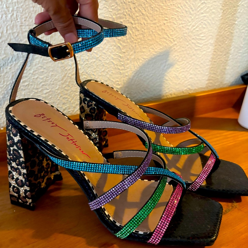 Betsy Johnson colorful heels with rhinestones & glitter cheetah print